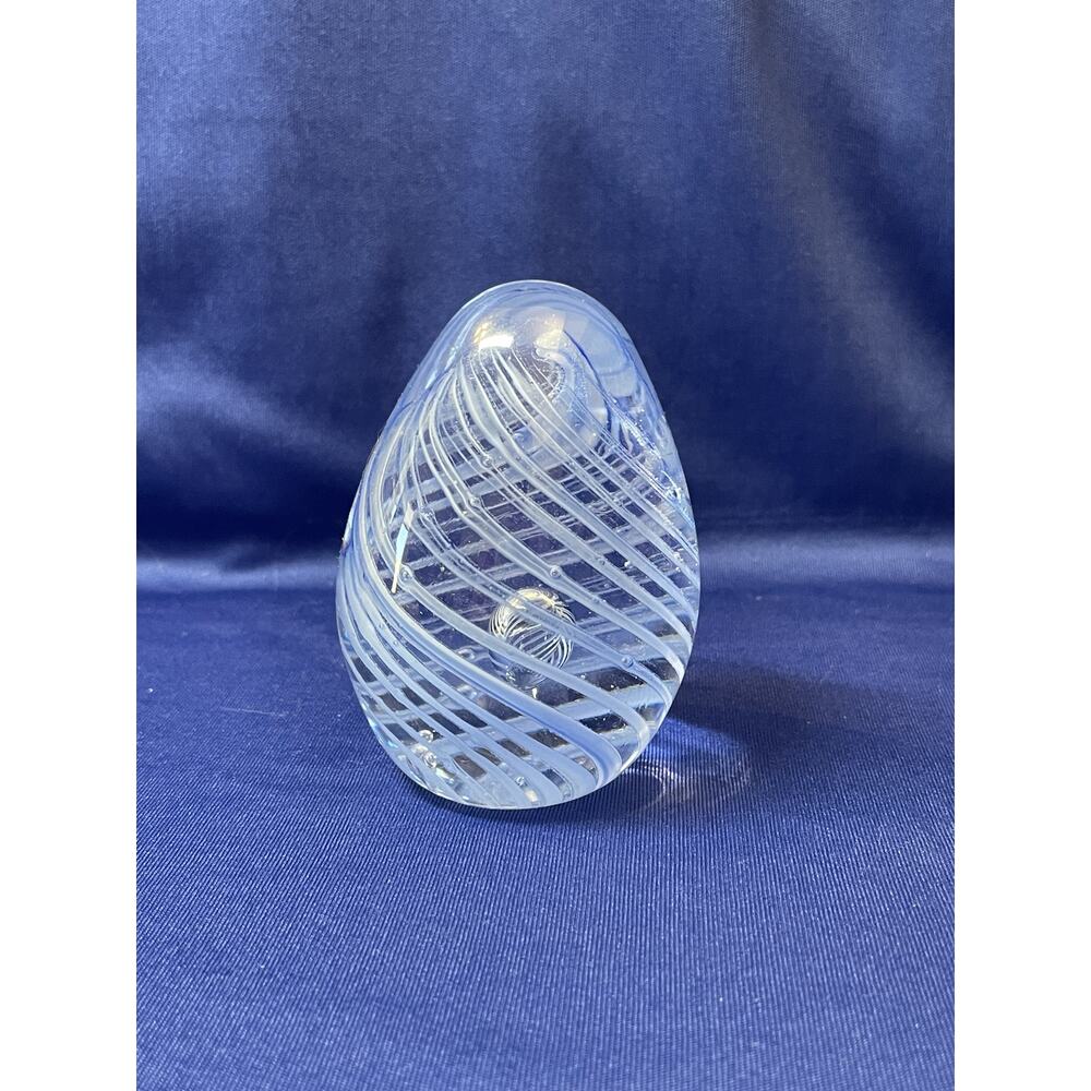 Clear Glass Egg with Blue Spiral Design Paper Weight